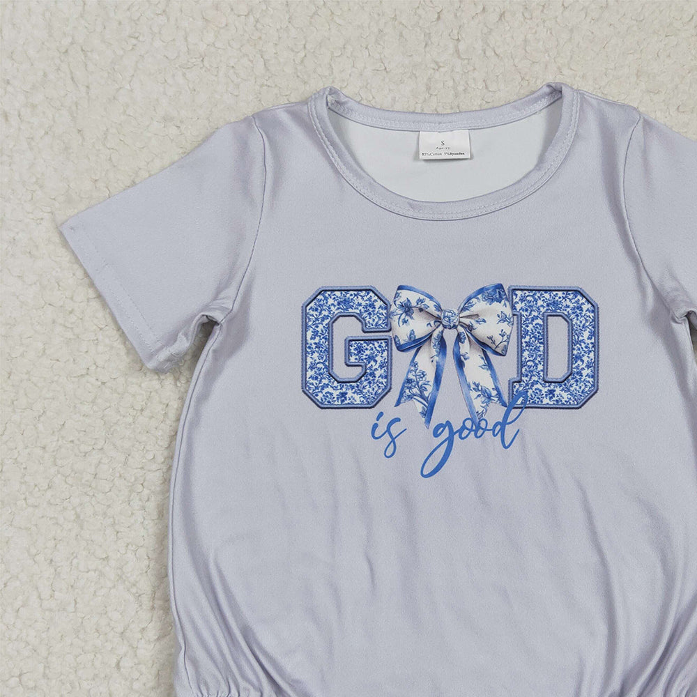 SR2772 RTS NO MOQ Baby Boys Summer Rompers Light Blue Floral Bow Baby Romper Short Sleeves 'God Is Good' Print Infant Outfit Casual Comfortable Clothing for Babies