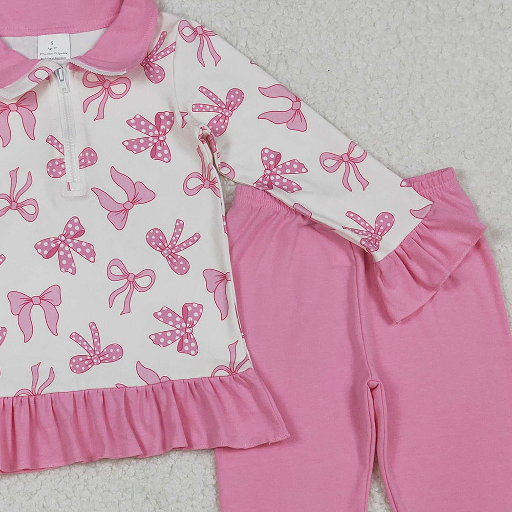 RTS NO MOQ （In stock）GLP2778 Baby Girls Winter Outfits Pink Bows Zipper Pullover Ruffle Legging Pant Fall Clothes Sets