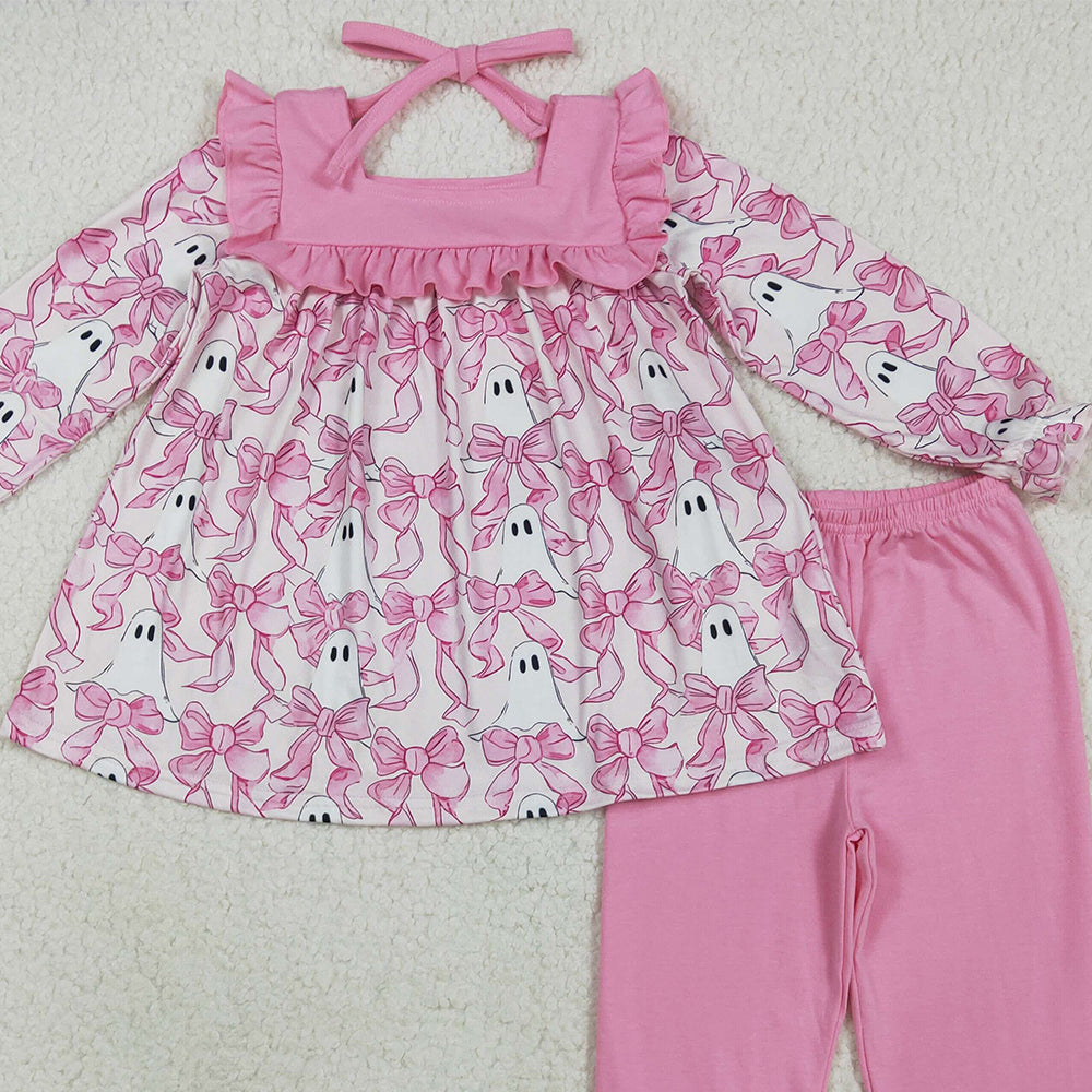 RTS NO MOQ （In stock）GLP2362 Baby Girls Winter Outfits Baby Girls Halloween Pink Bows Ghosts Tunic Ruffle Pant Sets