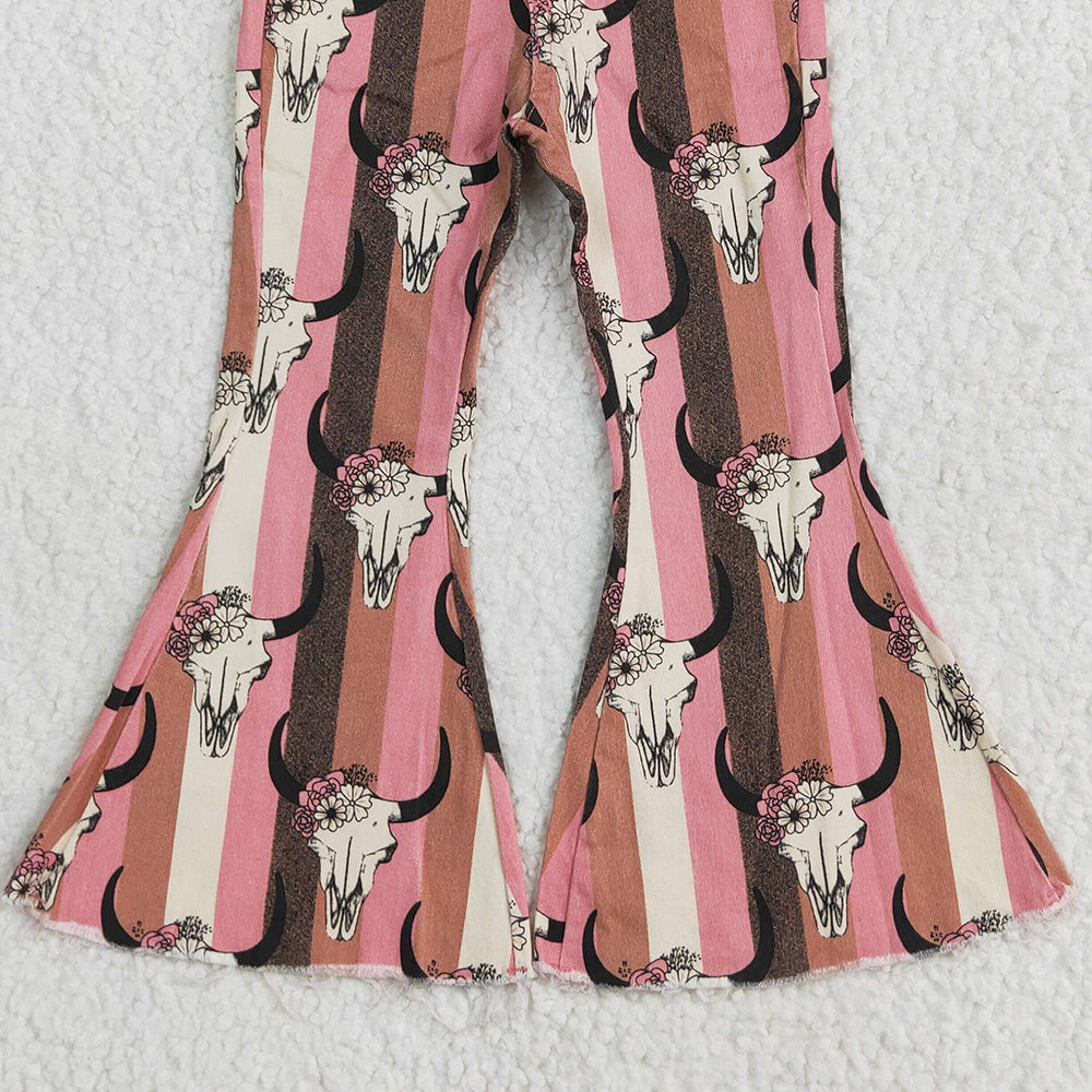 P0437RTS NO MOQ Baby Girls Denim Pants  Baby Girls Aztec Western Cow Skull Bell Flare Denim Pants