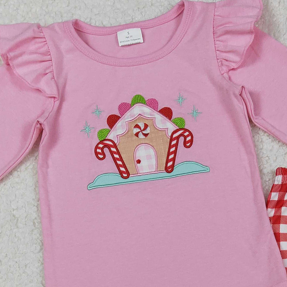 RTS NO MOQ （In stock）GLP2523 Baby Girls Winter Outfits Pink Christmas Candy Cane Print Top with Red Plaid Pants Outfit