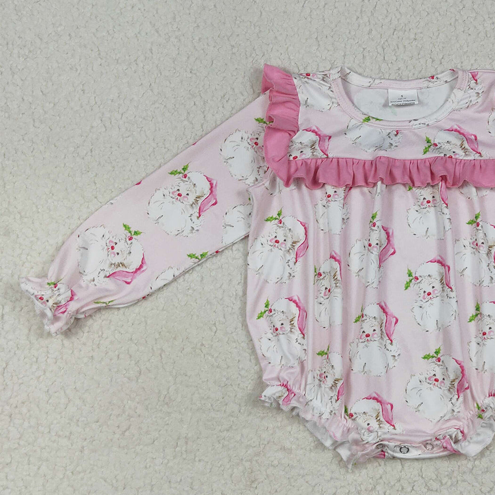 RTS NO MOQ （In stock）LR2208 Baby Girls Winter Rompers Baby Girls Christmas Pink Santa Ruffle Rompers