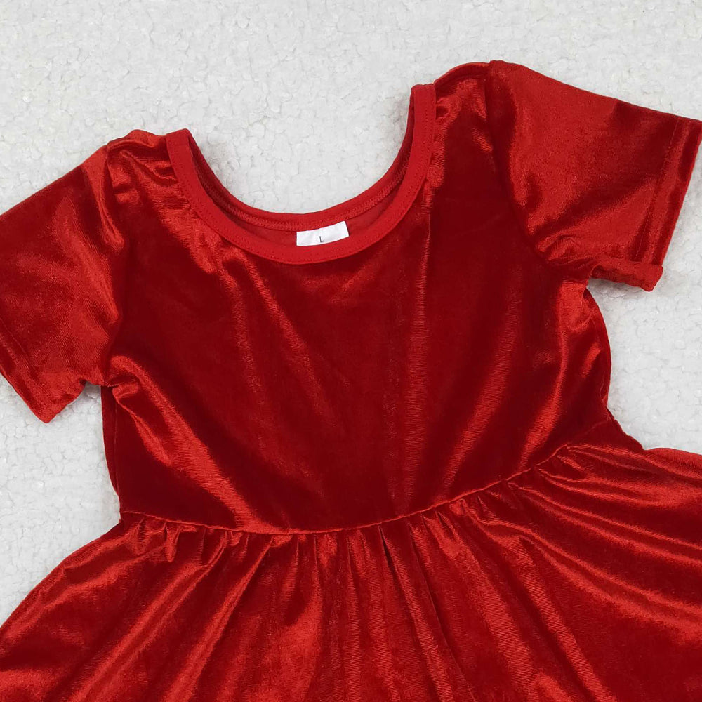 RTS NO MOQ （In stock）GSD2614 Baby Girls Dress Baby Girls Short Sleeves Red Velvet Ruffle Knee Length Dresses