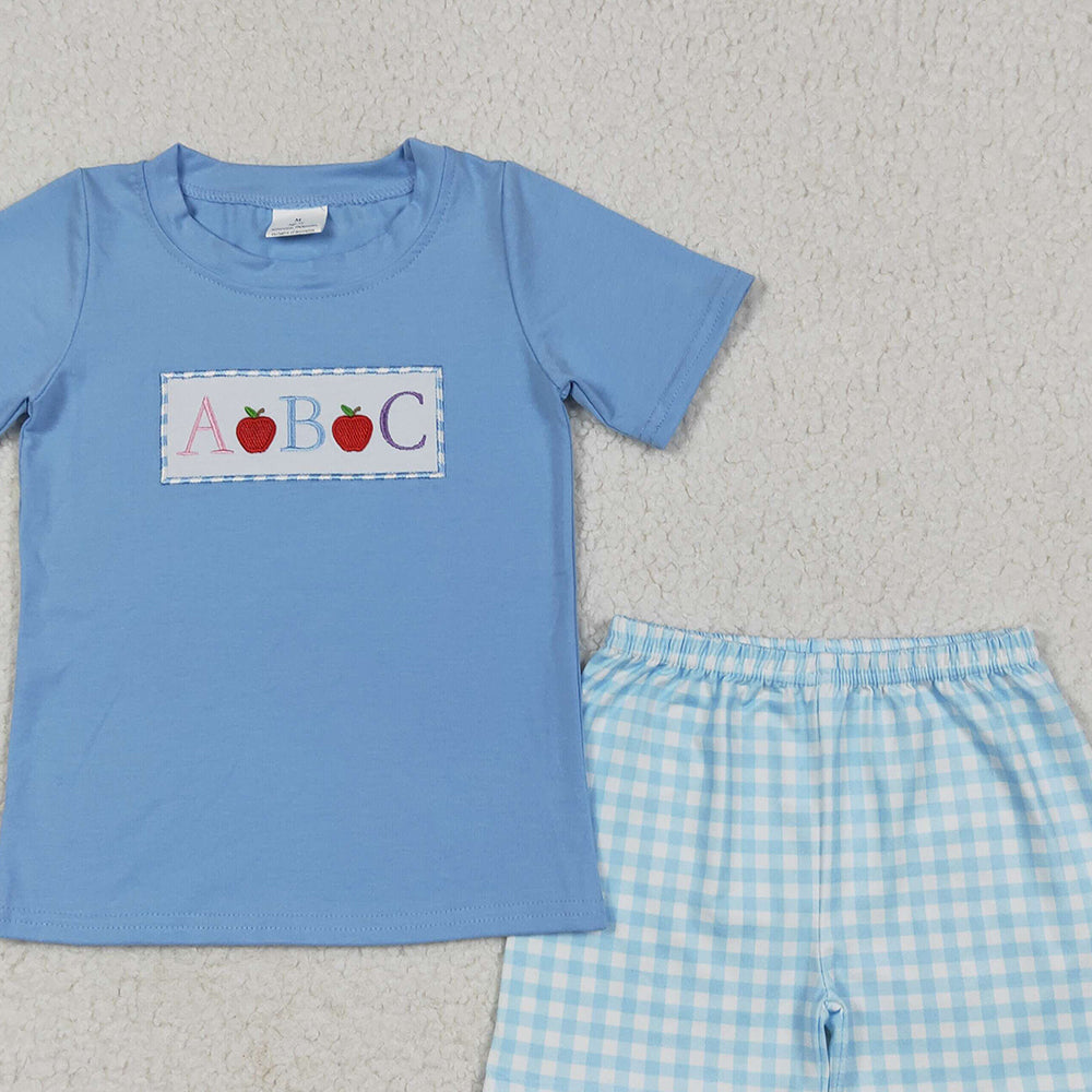 7.01 BSSO1331RTS NO MOQ Baby Boys Summer Boys Outfits Baby Boys Blue Embroidery Apple ABC Top Plaid Shorts Back To School Clothes Sets