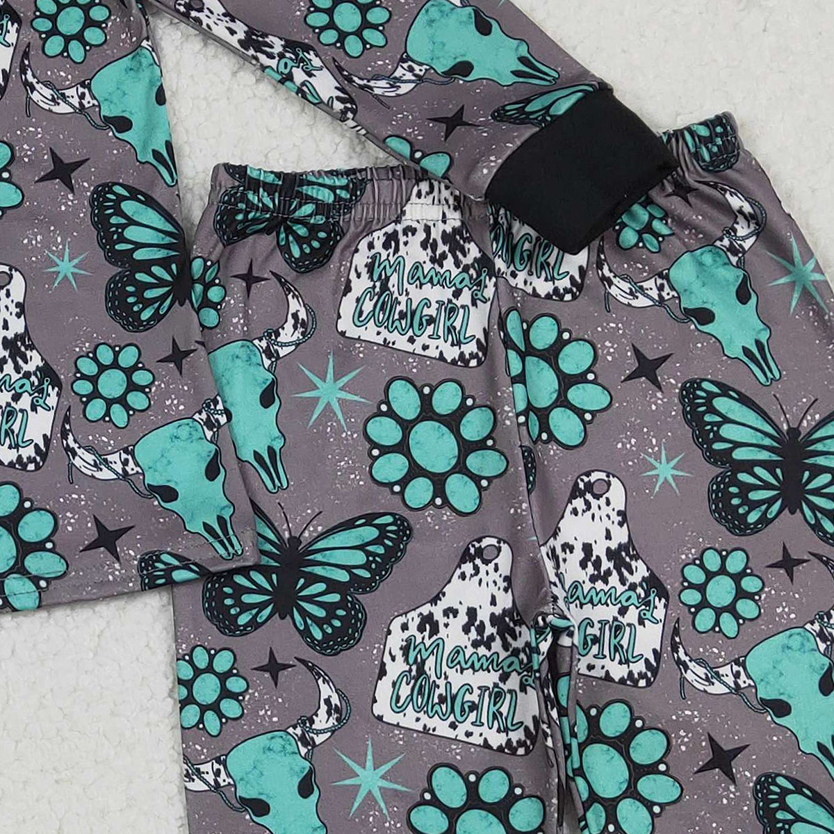 12.26 RTS NO MOQ （In stock）GLP3254 Baby Girls Bull Skulls Butterfly Turquoises Top Pants Western Pajamas Sets