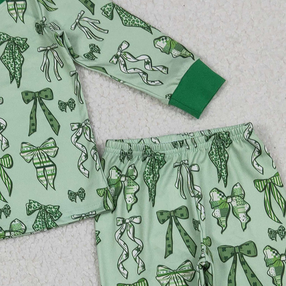 9.29 RTS NO MOQ （In stock）LR2654 Baby Girls Winter Rompers Baby Boys Green Clover Bows St Patrick Zipper Footie Rompers
