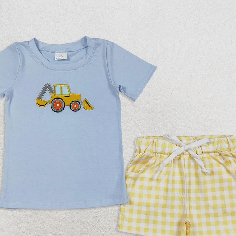 BSSO1117RTS NO MOQ Baby Boys Summer Boys Outfits Boys' Charming Short-Sleeved Light Blue Construction Clothes for Everyday