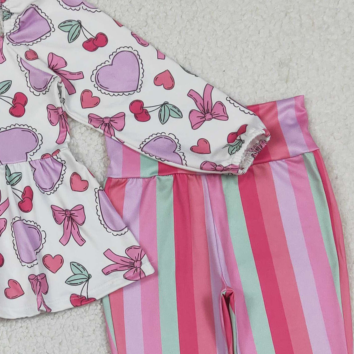 12.13 RTS NO MOQ （In stock）GLP3119 Baby Girls Colorful Hearts Tunic Stripe Bell Bottom Pant Valentines Clothes Sets