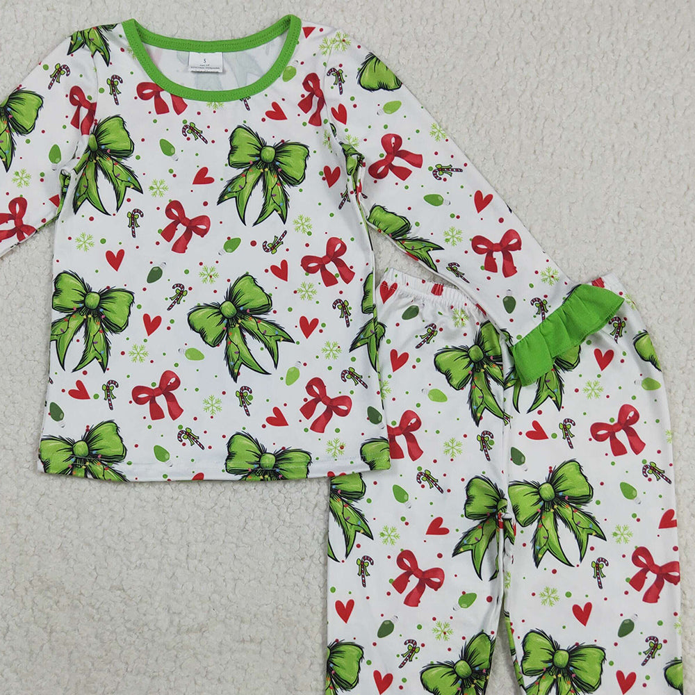 RTS NO MOQ （In stock）GLP2628 Baby Girls Winter Outfits Baby Girls Christmas Green Red Bows Hearts Top Pant Pajamas Sets