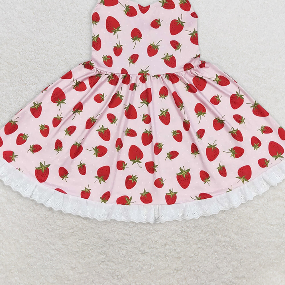 GSD1273 RTS NO MOQ Baby Girls Summer Dress  Baby Girls Strawberry Flutter Sleeve Knee Length Dresses