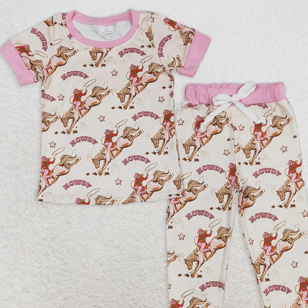 GSPO1488 RTS NO MOQ Baby Girls Pajamas Outfits howdy horse riding pink hem short-sleeved trousers pajamas set