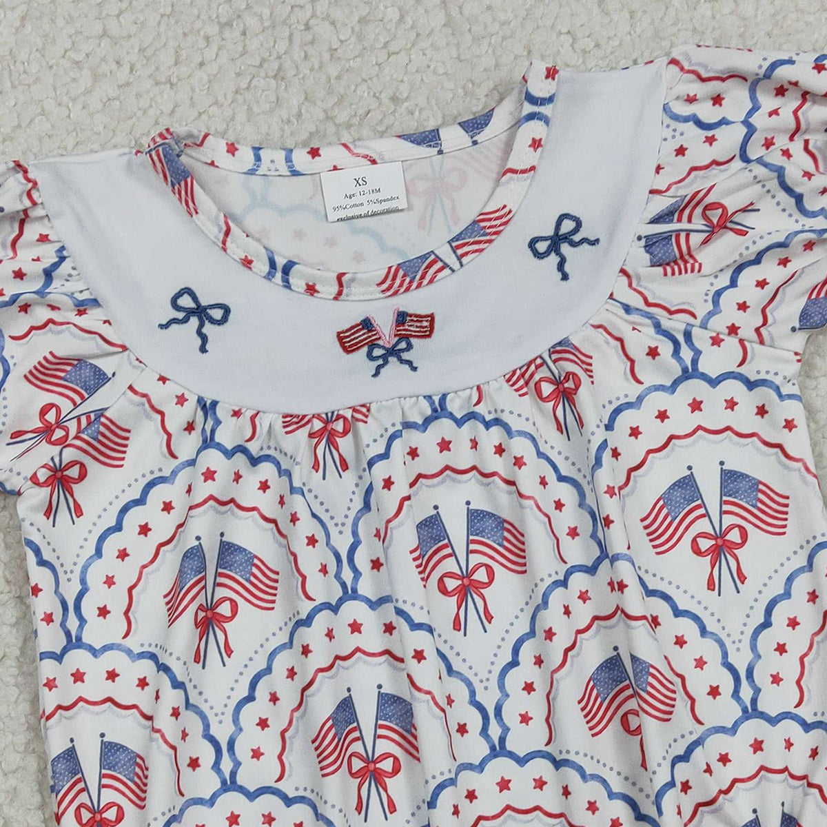 3.12 RTS NO MOQ （In stock）SR3887 Children's Fashion Romper Baby Girls Embroidery Bows Flags Checked 4th of July Ruffle Rompers
