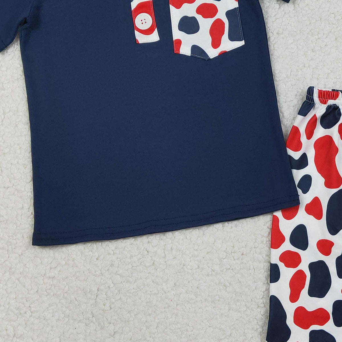 1.27 RTS NO MOQ （In stock）BSSO1783 Baby Boys Red Blue Cow Print Pocket Button Top Shorts 4th of July Clothes Sets