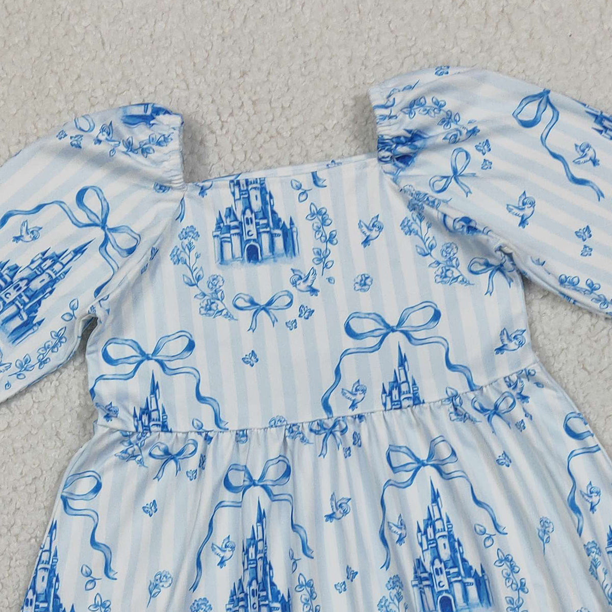 1.20 RTS NO MOQ （In stock）GLD1567 Baby Girls Winter Dress Baby Girls Blue Stripe Bows Castles Knee Length Dresses