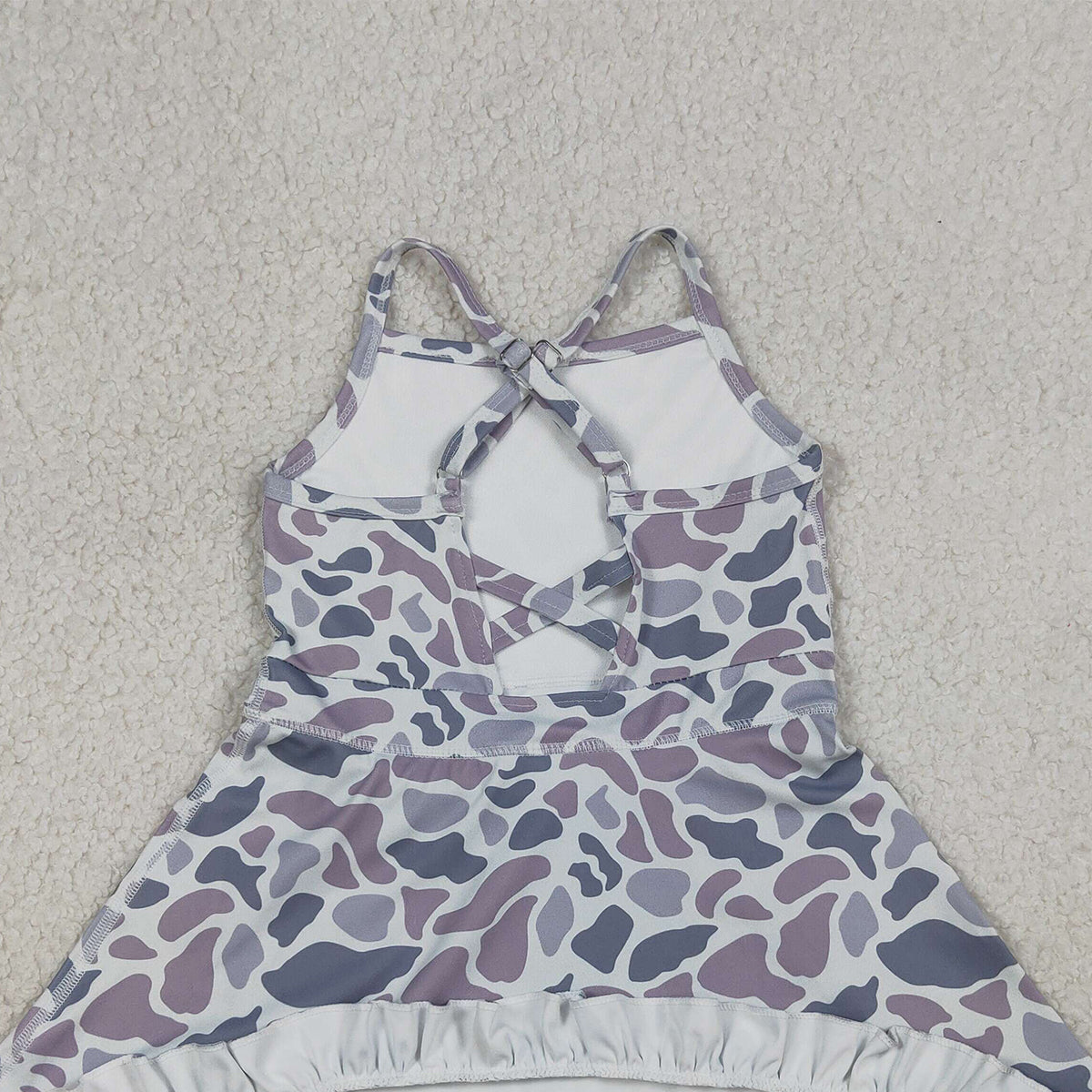 3.19 RTS NO MOQ （In stock）GSD2308 Kids Fashion Clothes Baby Girls Strap Light Gray Camo Yoga Active Shorts Ruffle Knee Length Dresses