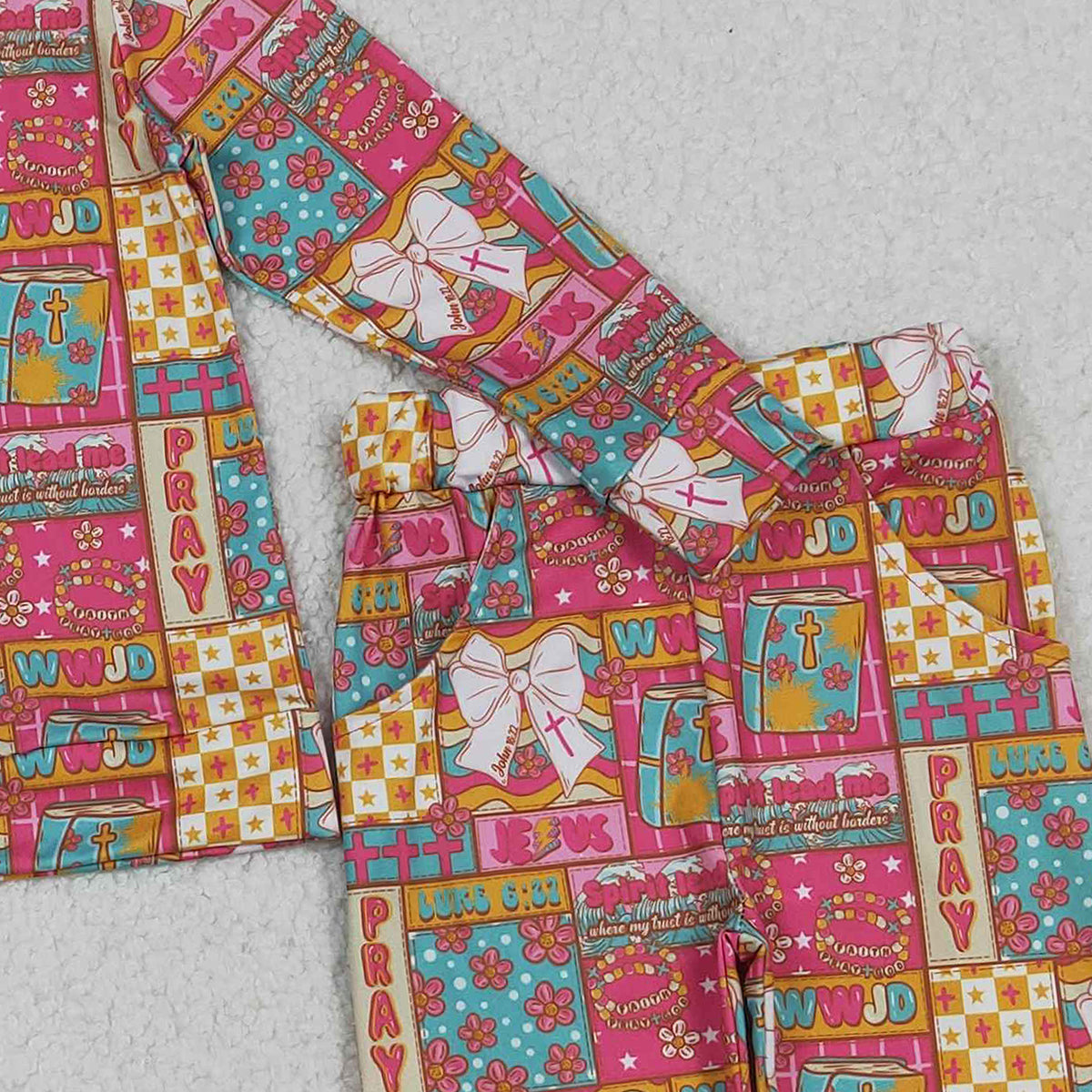 11.19 RTS NO MOQ （In stock）GLP2891 Baby Girls Bows Flowers Pray Checked Hoodies Pockets Jogger Pants Clothes Sets