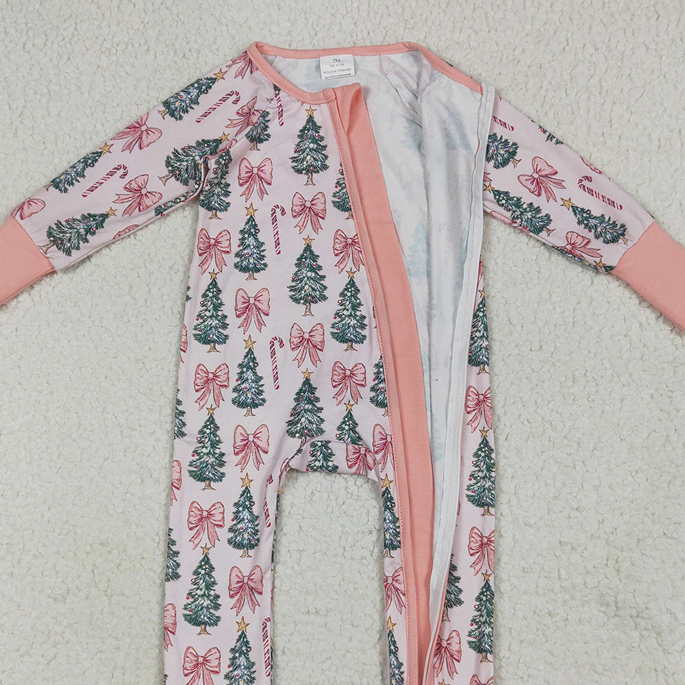 8.14 RTS NO MOQ （In stock） LR2283 Baby Girls Winter Rompers Baby Girls Long Sleeves Pink Bows Trees Zipper Pant Rompers