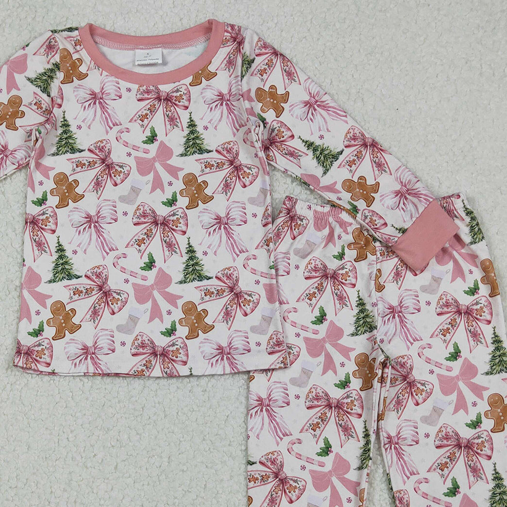 RTS NO MOQ （In stock）GLP2542 Baby Girls Winter Outfits Pink Christmas Trees Gingerbread Top Pants Pajamas Sets