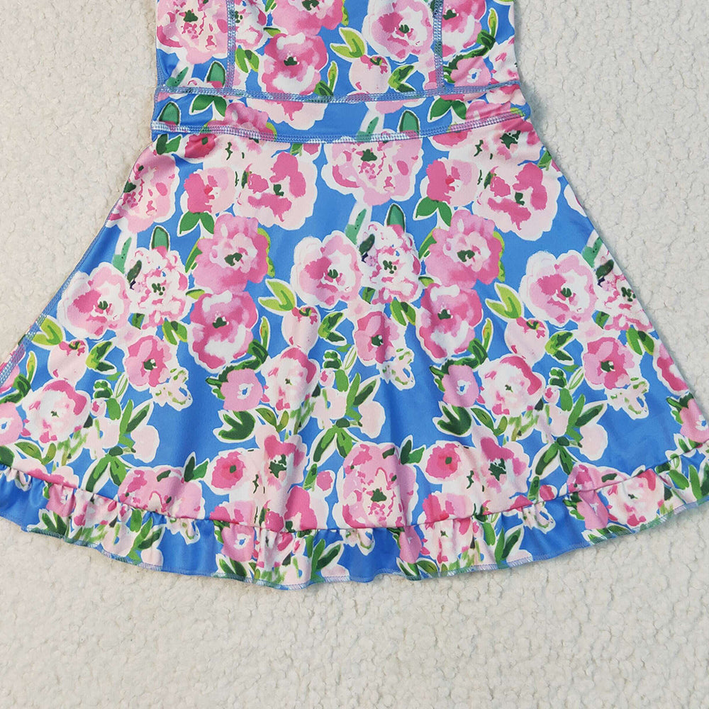 RTS NO MOQ （In stock）GSD2284 Baby Girls Summer Yoga Dress Baby Girls Blue Strap Colorful Floral Yoga Ruffle Knee Length Dresses
