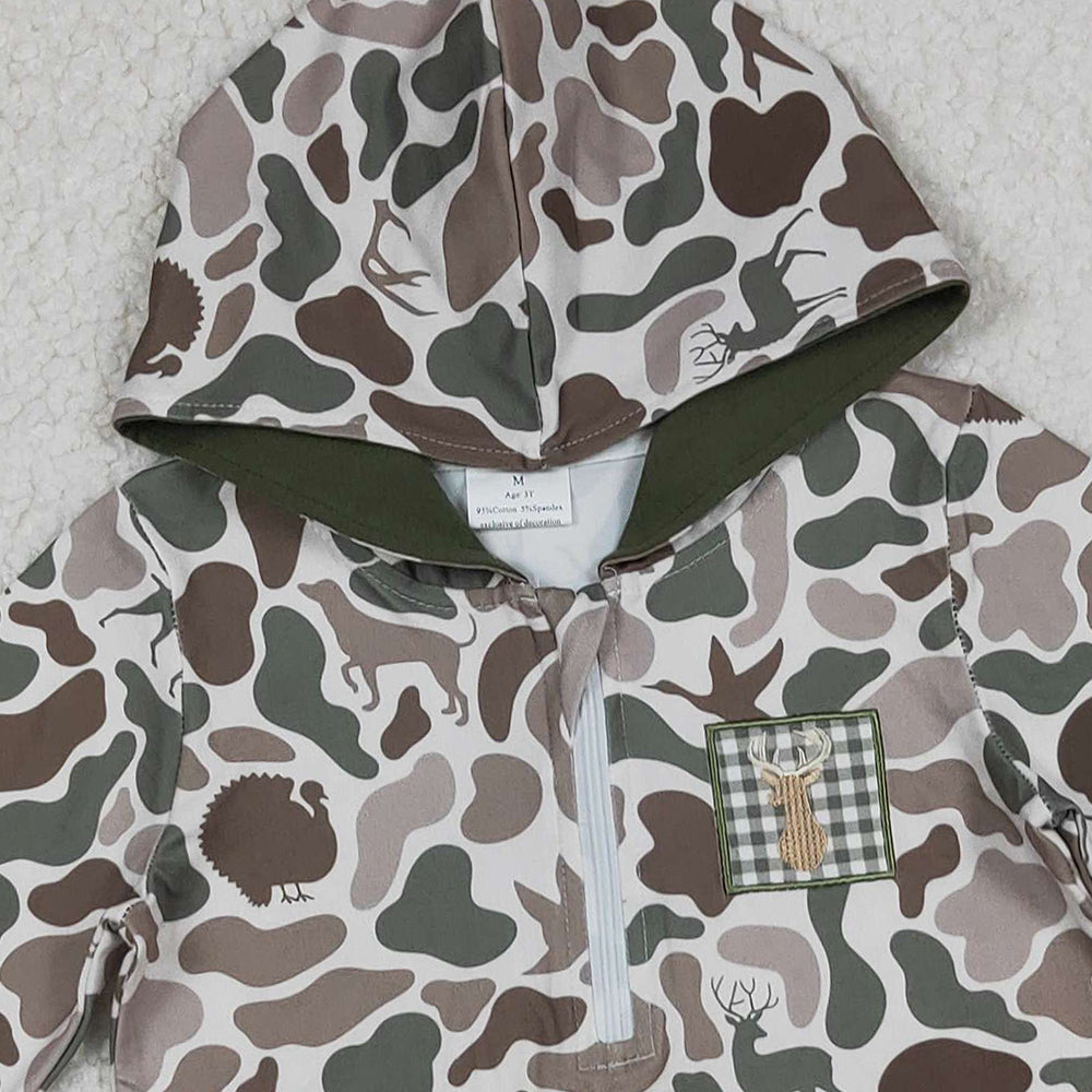 10.11 RTS NO MOQ （In stock）BT1304 Embroidery Deer Baby Boys Dog Ducks Camo Pocket Zipper Hunting Hoodies