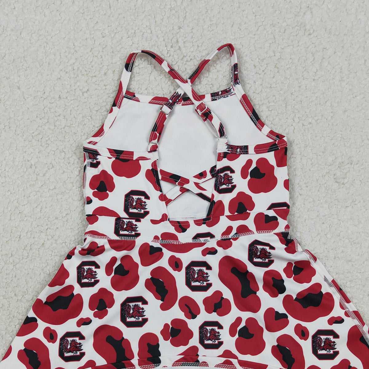 3.27 RTS NO MOQ （In stock）GSD3633 Kids Fashion Clothes Baby Girls Strap Red Leopard Team Yoga Active Shorts Knee Length Dress