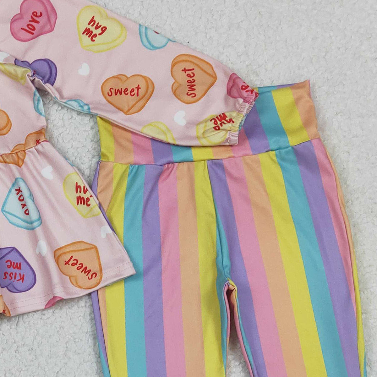 12.12 RTS NO MOQ （In stock）GLP3118 Baby Girls Colorful Hearts Tunic Stripe Bell Bottom Pant Valentines Clothes Sets