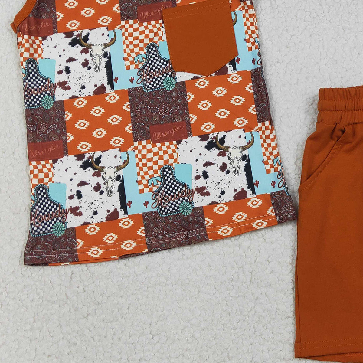 1.22 RTS NO MOQ （In stock）BSSO1773 Baby Boys Aztec Null Skulls Checked Top Pockets Shorts Western Clothes Sets