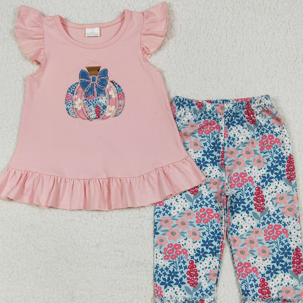 8.15 GSPO2032RTS NO MOQ Baby Girls Spring Outfits Baby Girls Pink Flutter Sleeves Floral Pumpkin Tunic Ruffle Pants Set