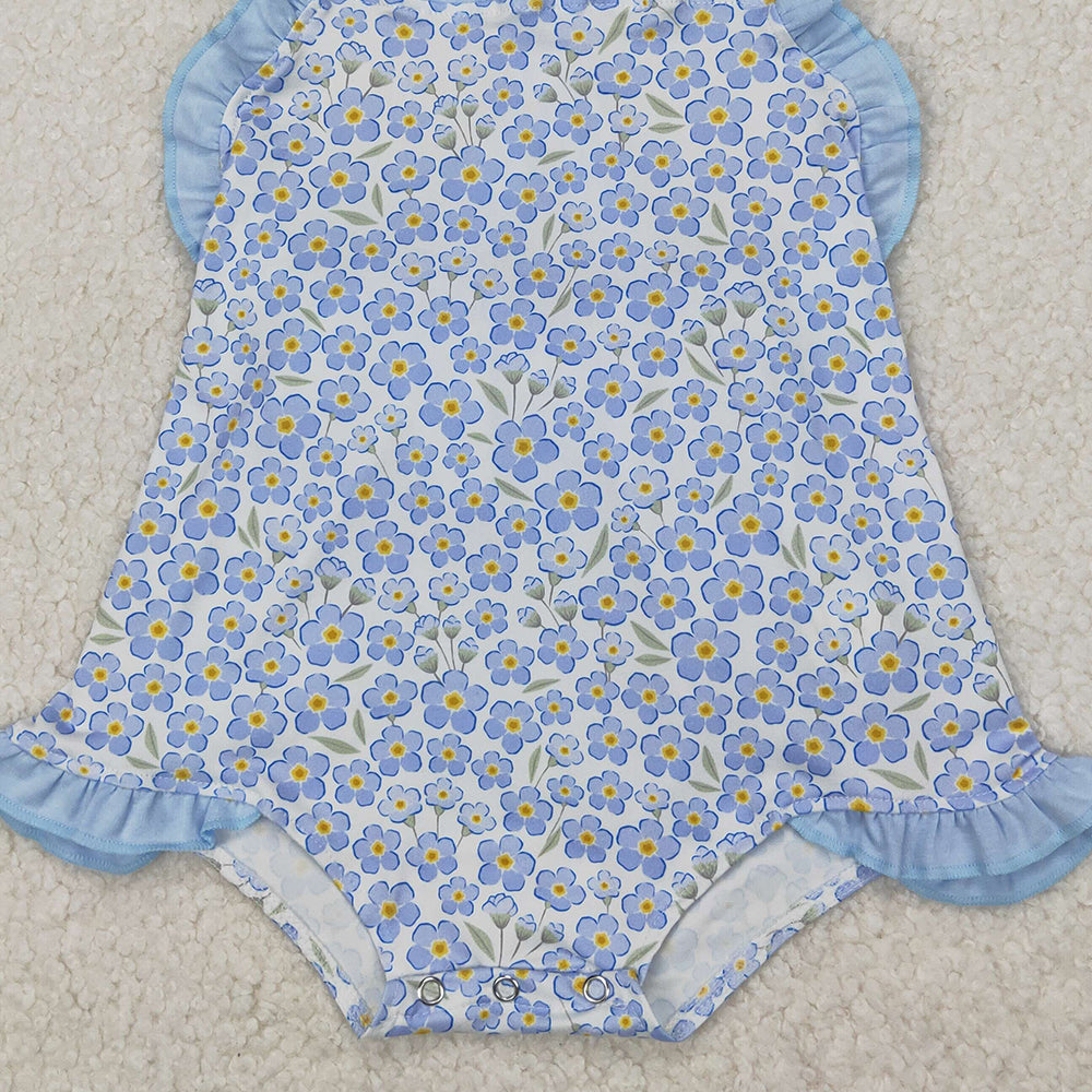 4.08 SR2791 RTS NO MOQ Straps blue ruffle floral baby girls summer romper