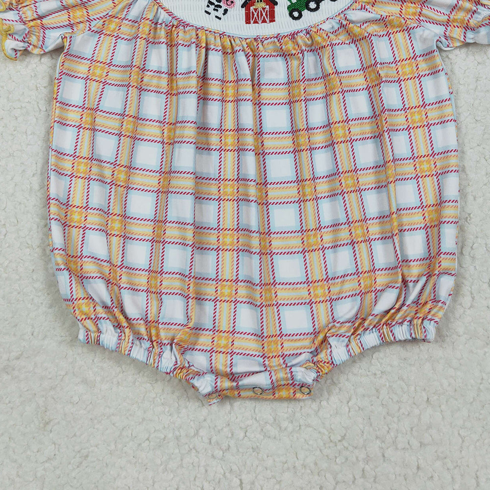 RTS NO MOQ （In stock） SR2982 Baby Girls Summer Rompers Short sleeves plaid cow tractor farm baby girls romper
