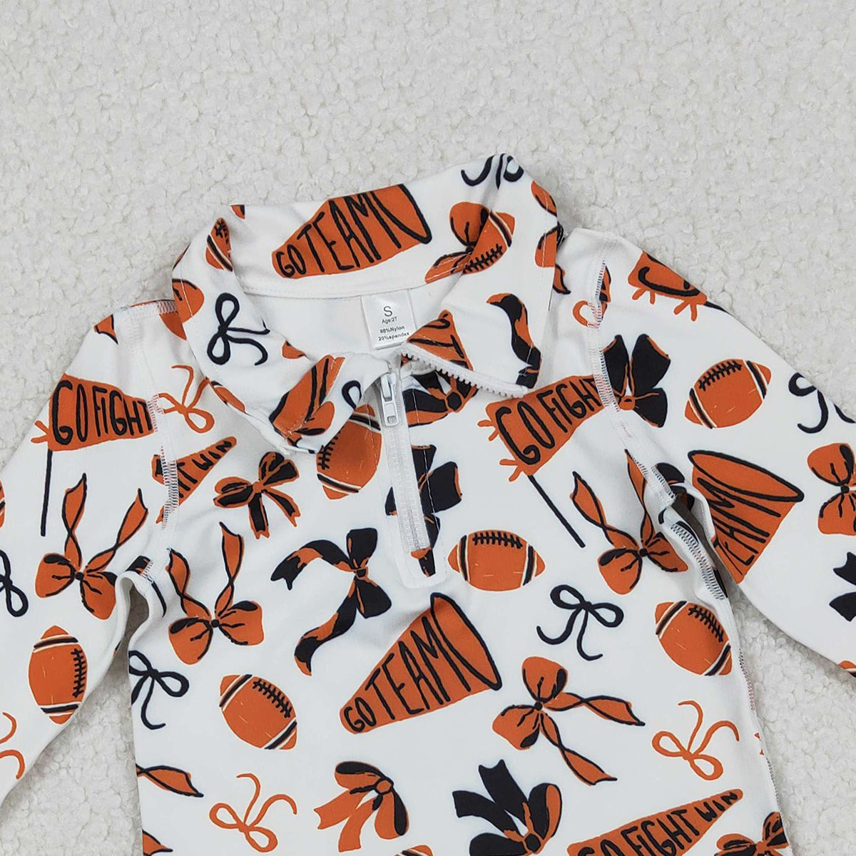 10.27 RTS NO MOQ （In stock）GT1197 Baby Girls Long Sleeve Tops Baby Girls Orange Black Bows Go Team Yoga Active Zipper Pullovers Top