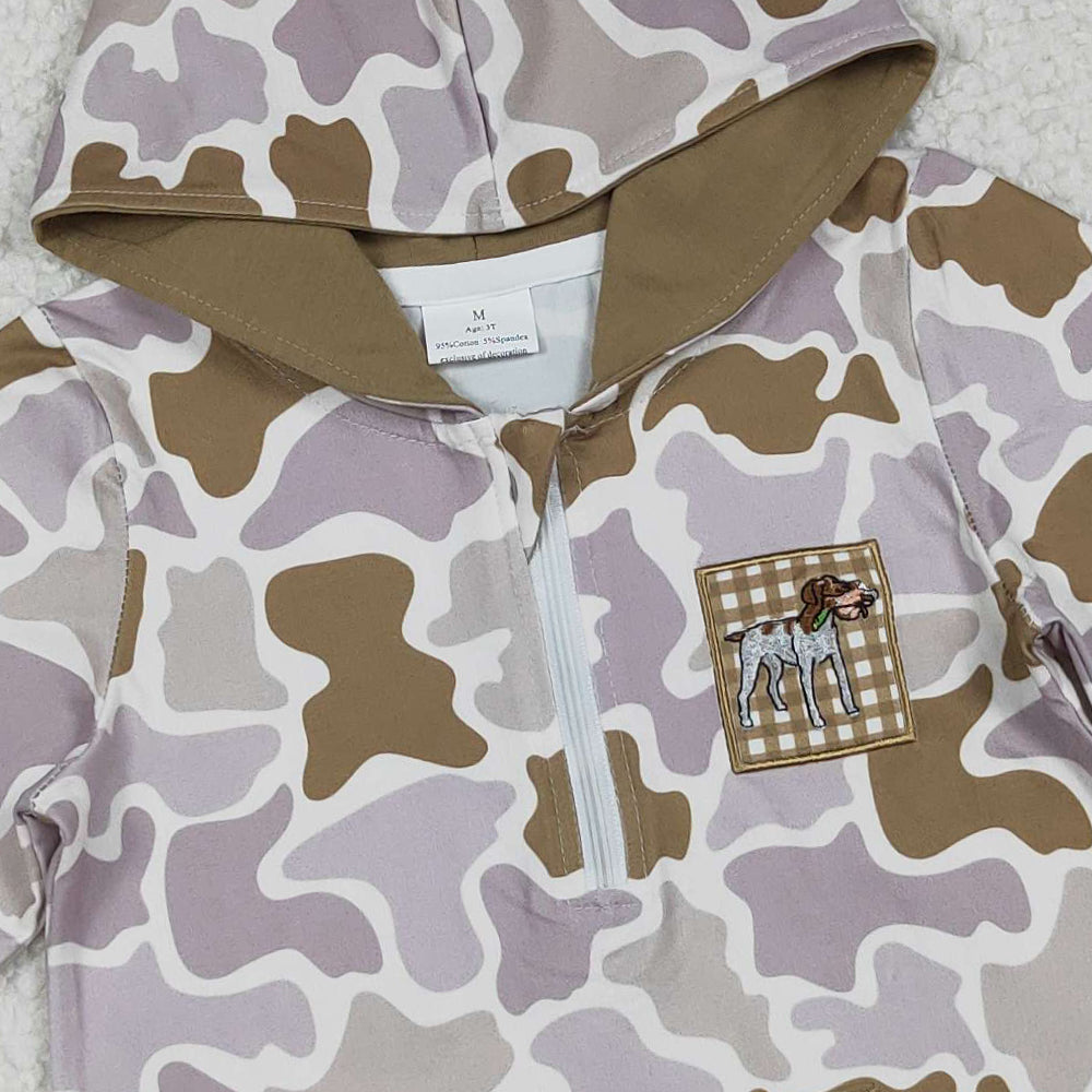 10.10 RTS NO MOQ （In stock）BT1302 Embroidery Dog Duck Baby Boys Camo Pocket Zipper Hunting Hoodies Top