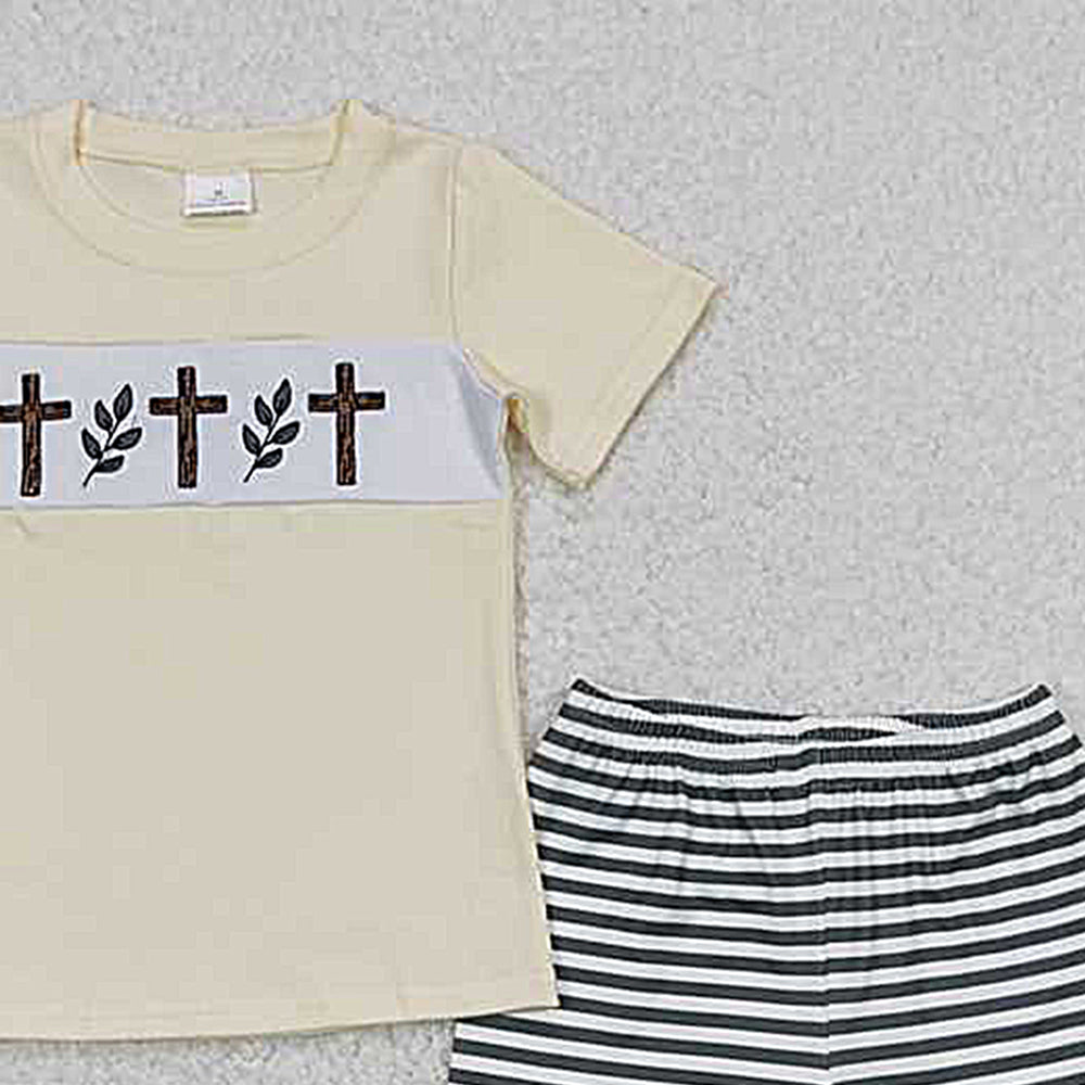 BSSO0459Boys Easter Outfit Short Sleeves Cross Top Stripe Shorts Spring Holiday Clothes for Kids
