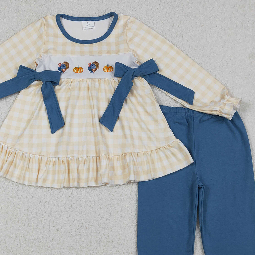 RTS NO MOQ （In stock）GLP2594  Baby Girls Winter Outfits Plaid Turkey Pumpkin Tunic Pants Set Thanksgiving Themed Outfit for Kids