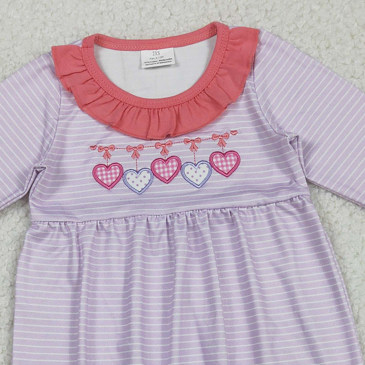 11.14 RTS NO MOQ （In stock）LR2706 Baby Girls Winter Rompers Embroidery Bows Hearts Baby Girls Pink Stripe Valentine Ruffle Collar Rompers