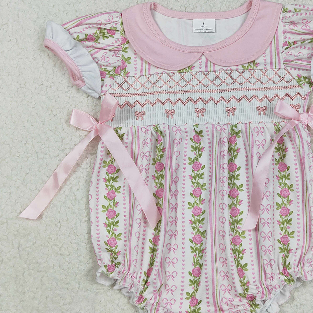 USA Shop (in stock)SR2994 RTS NO MOQ Baby Girls Summer Rompers Embroidery Baby Infant Girls Pink Floral Bows Ruffle Rompers