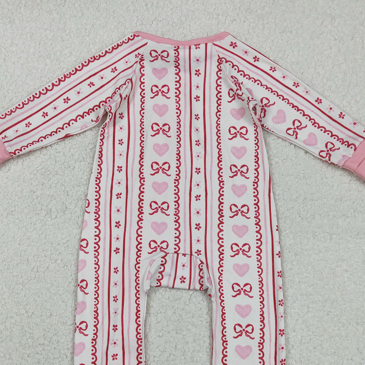 11.18 RTS NO MOQ （In stock）LR2781 Baby Girls Winter Rompers Baby Girls Pink Bows Hearst Stripe Valentines Two Way Ruffle Zip Convertible Rompers