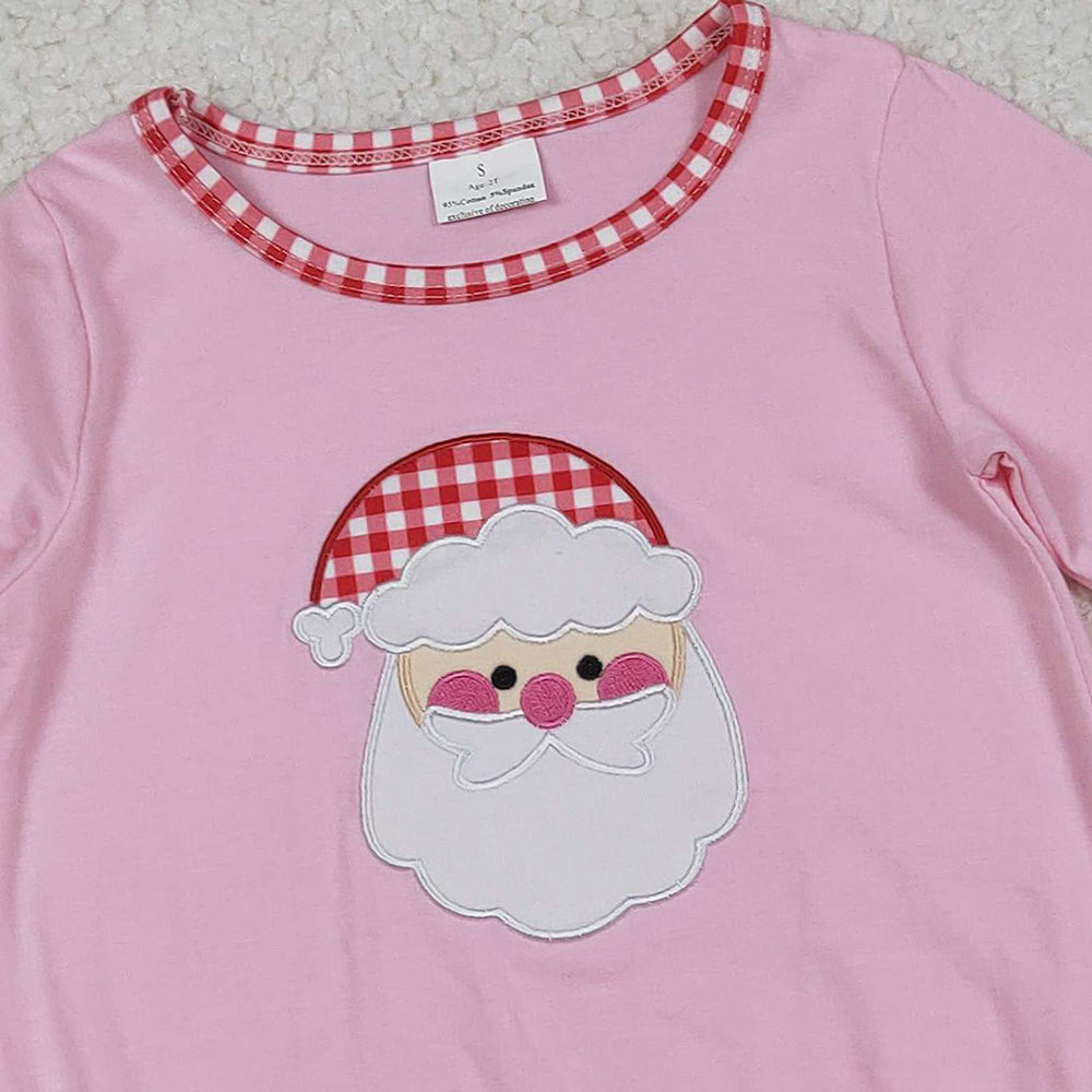 9.30 RTS NO MOQ （In stock）LR1733 Baby Girls Winter Rompers Embroidery Santa Baby Girls Pink Long Ruffle Sleeve Christmas Rompers