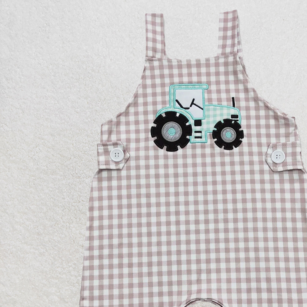 SR0631 RTS NO MOQ Baby Boys Summer Rompers Baby Infant Boys Straps Tractor Khaki Chekered Summer Farm Rompers