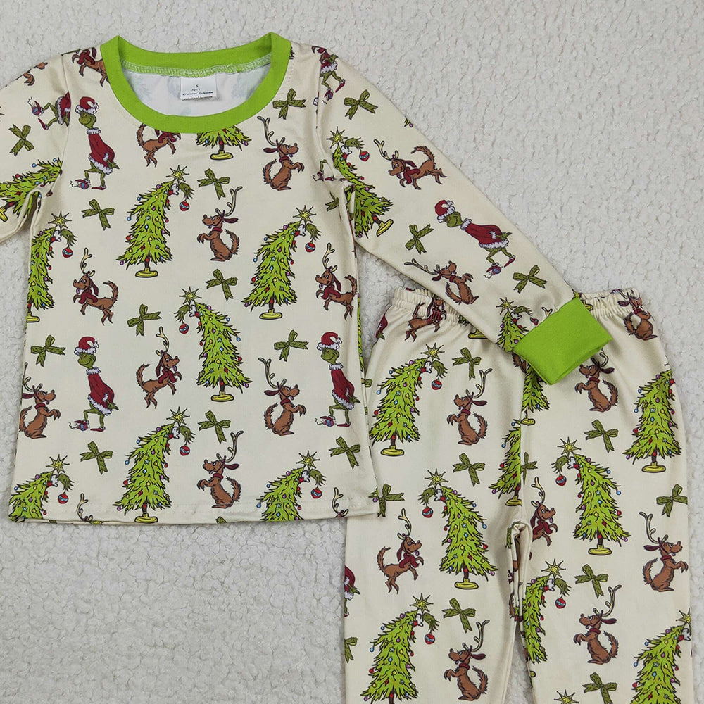 RTS NO MOQ （In stock）GLP2627 Baby Girls Winter Outfits Baby Boys Long Sleeves Christmas Trees Dogs Top Pant Pajamas Set