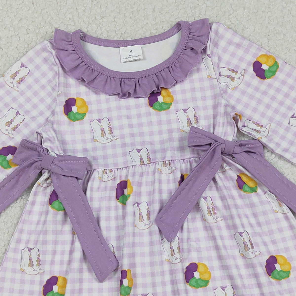 12.12 RTS NO MOQ （In stock）GLD1379 Baby Girls Winter Dress Baby Girls Purple Checked Boots Donuts Bows Mardigras Knee Length Dresses