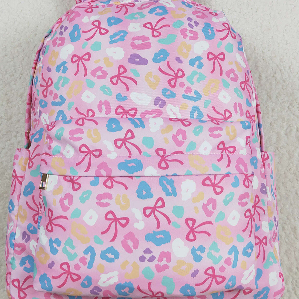 RTS NO MOQ （In stock）BA0319 Baby Bags Baby Kids Pink Leopard Bows School Zipper Ruffle Back Bags