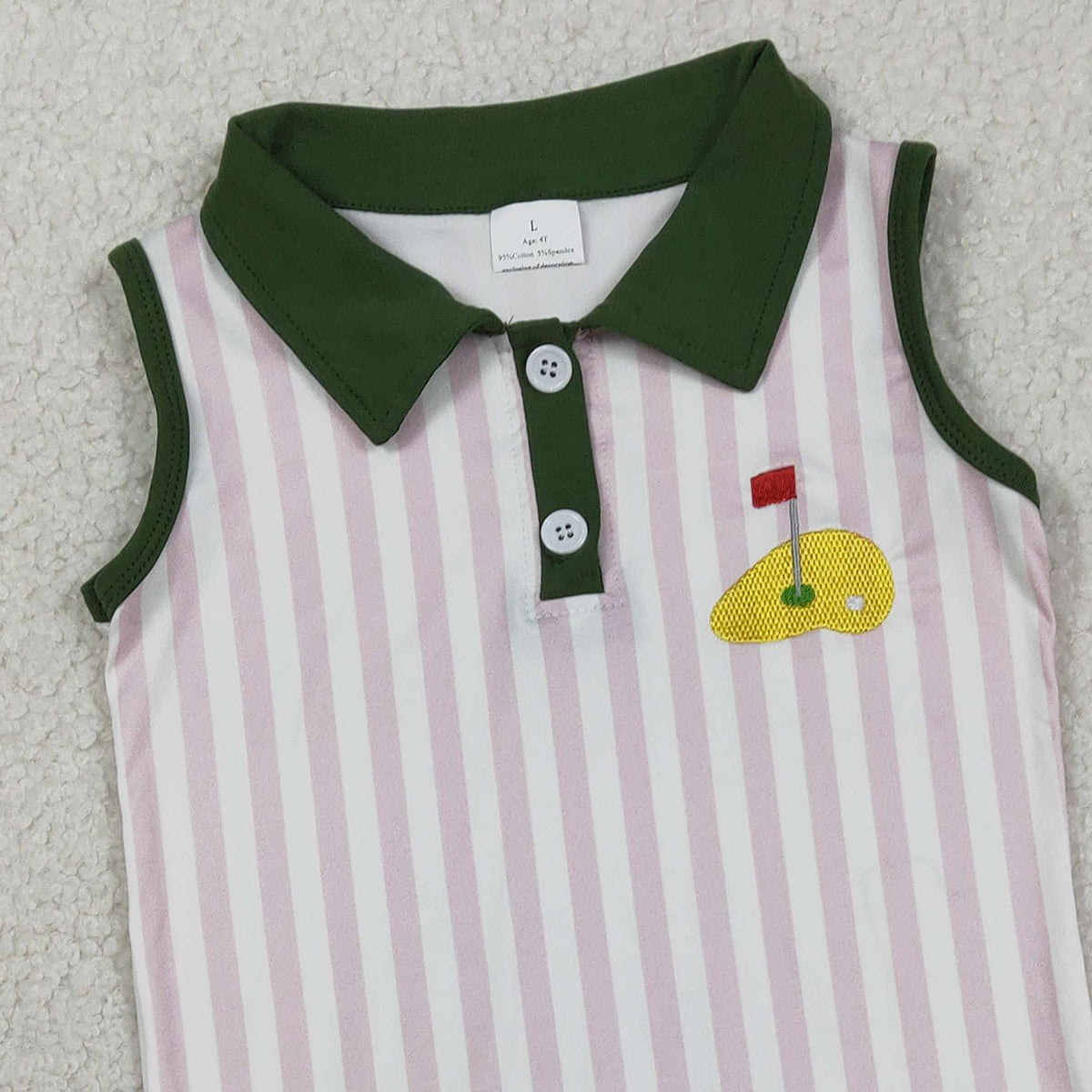 1.24 RTS NO MOQ （In stock）GSD3142 Embroidery Golf Flags Baby Girls Pink Stripe Button Knee Length Dresses