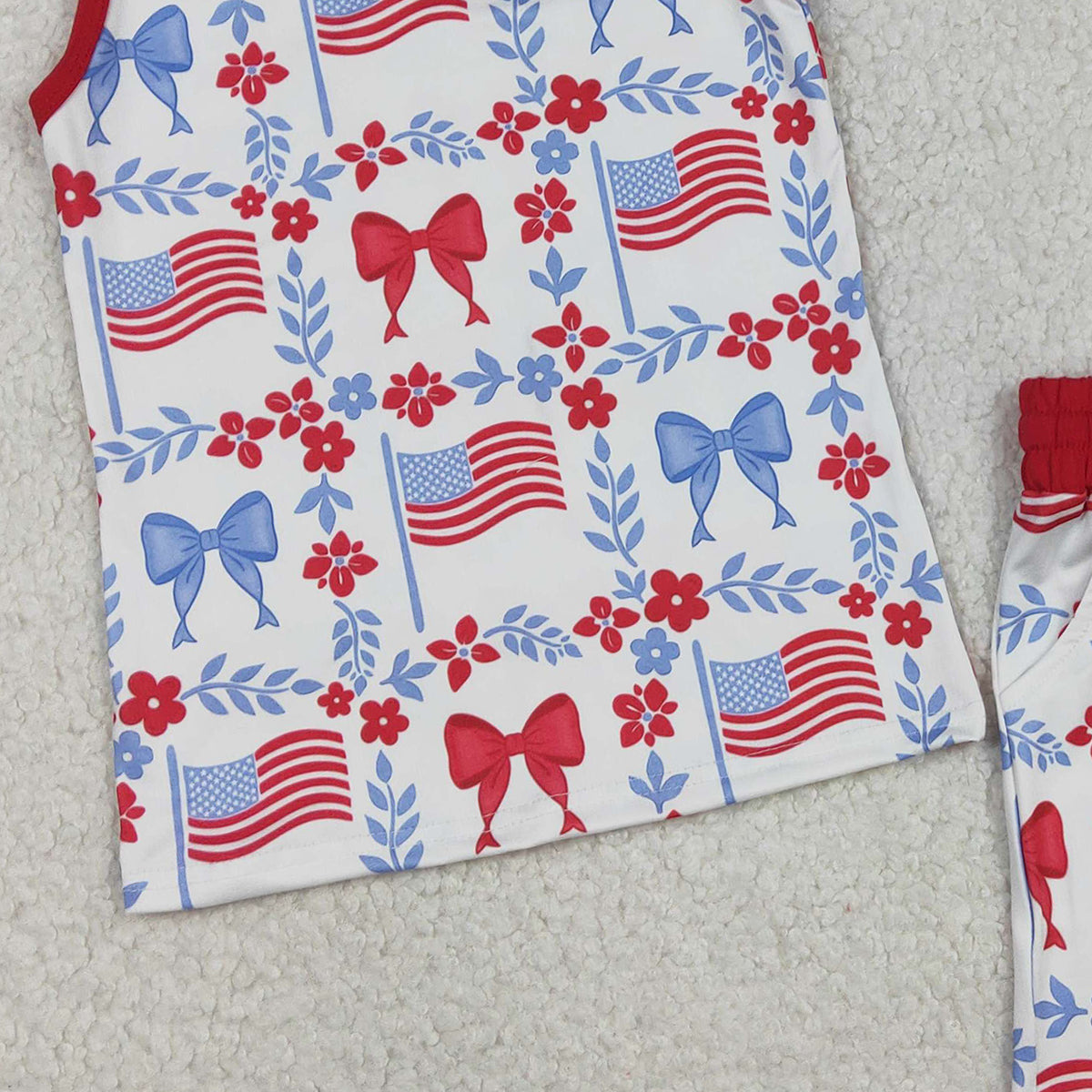 3.10 RTS NO MOQ （In stock）GSSO3094 Kids Clothing for Girls Baby Girls 4th of July Red Blue Flowers Flags Top Pockets Short Clothes Sets