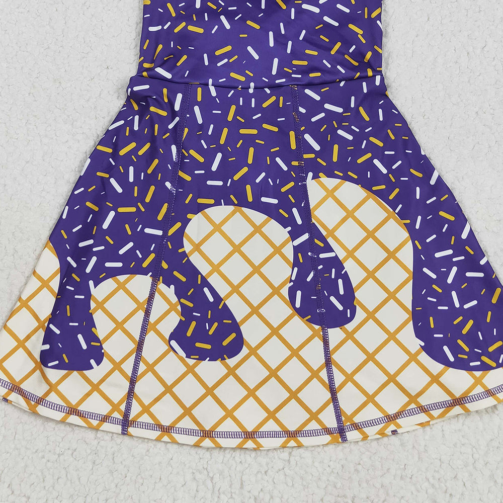 RTS NO MOQ （In stock）GSD2752 Baby Girls Summer Yoga Dress Baby Girls Purple Drip Sleeveless Shorts Team Yoga Active Knee Length Dresses