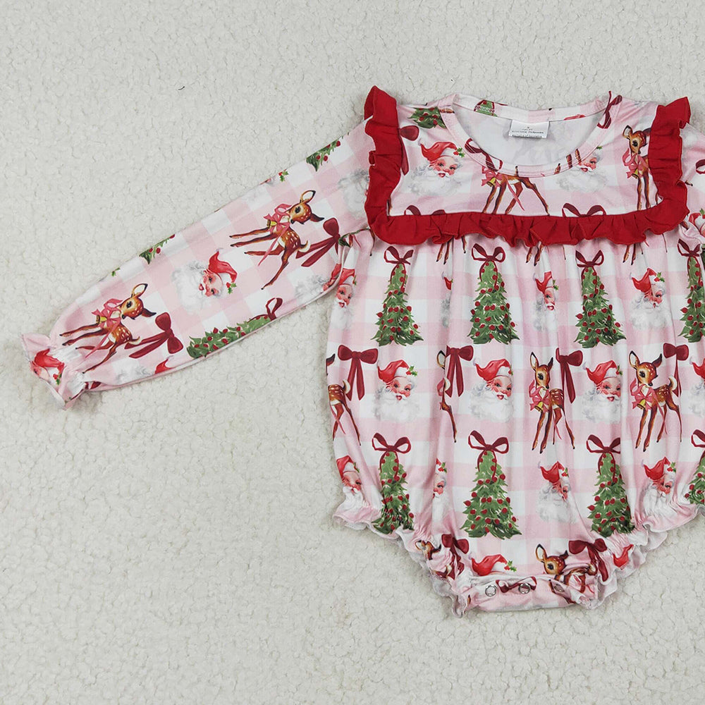 LR2274 RTS NO MOQ Baby Girls Winter Rompers Baby Girls Long Sleeves Pink Plaid Santa Trees Ruffle Rompers