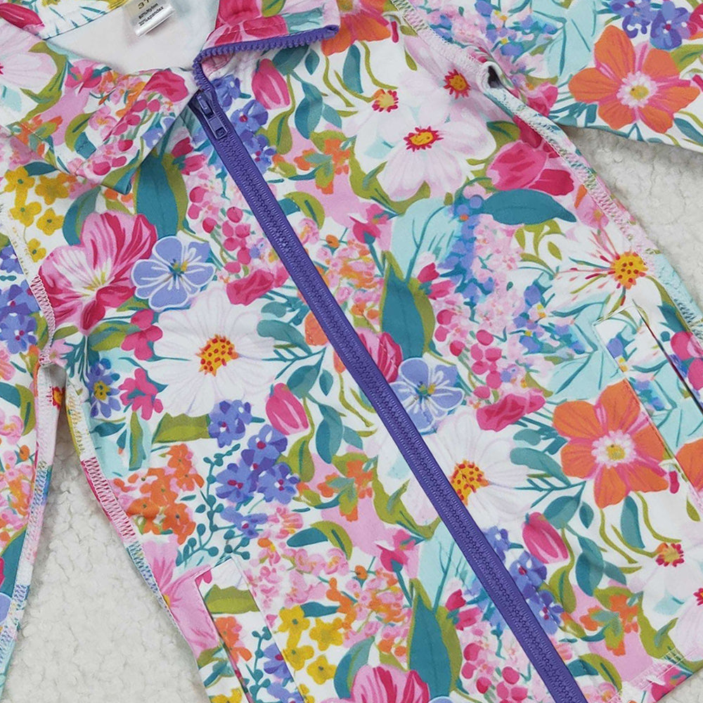RTS NO MOQ （In stock）GT1061 Baby Girls  Yoga Tops Baby Girls Long Sleeves Pink Lavender Floral Pockets Zipper Yoga Jackets