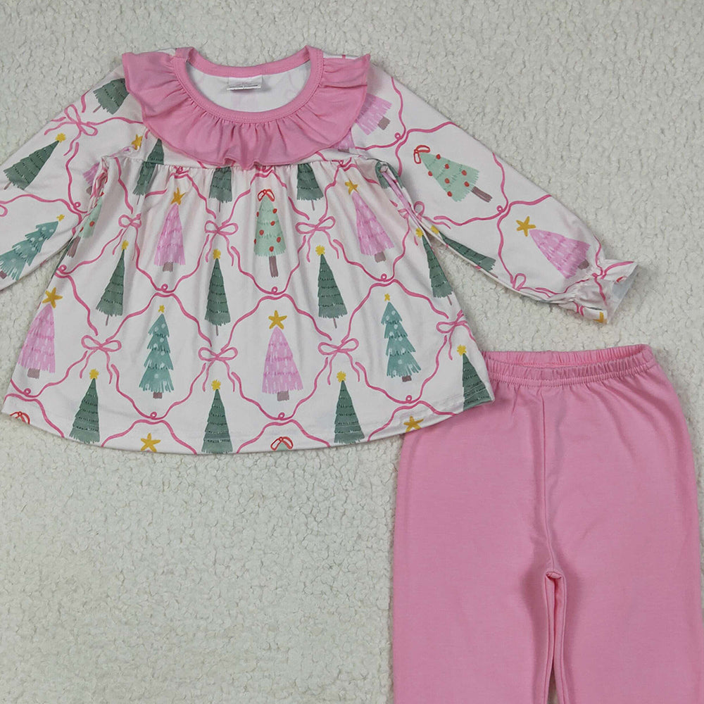 RTS NO MOQ （In stock） GLP2420 Baby Girls Winter Outfits Baby Girls Long Sleeves Trees Bows Plaid Tunic Ruffle Pant Set