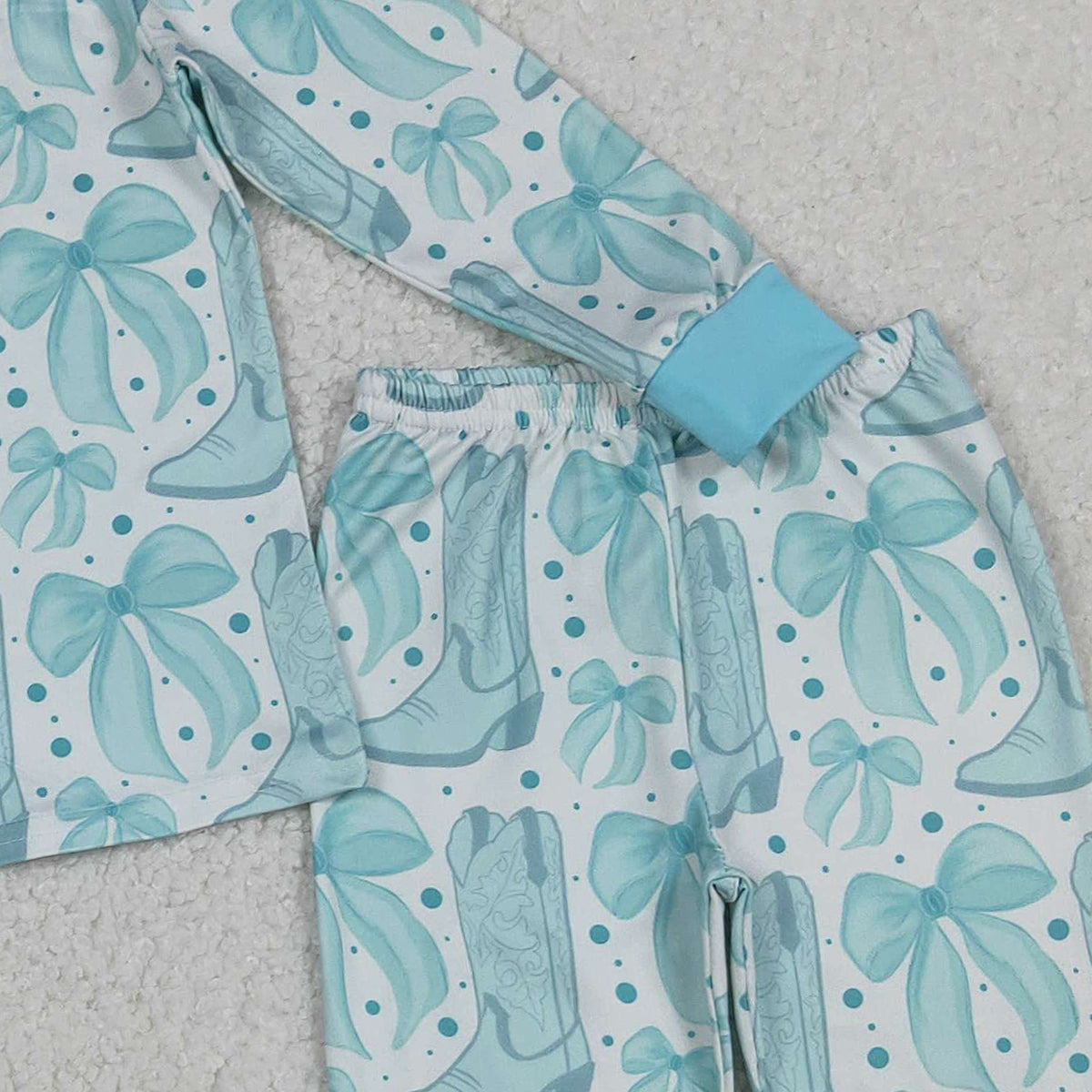 12.11 RTS NO MOQ （In stock）GLP2732 Baby Girls Light Blue Bows Boots Top Pant Western Pajamas Set