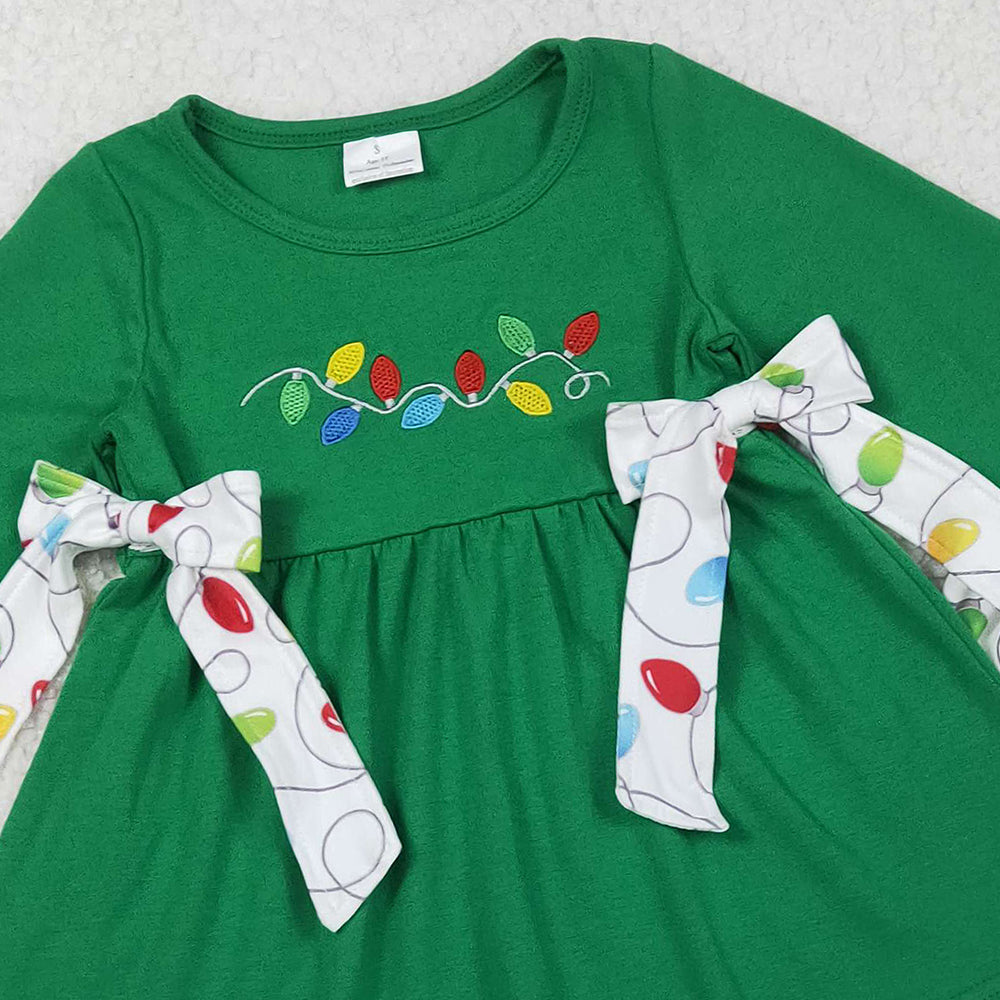 RTS NO MOQ （In stock）GLP2491 Baby Girls Winter Outfits Dark Green Long Ruffle Sleeve Tunic with Light Bow Detail Matching Pants
